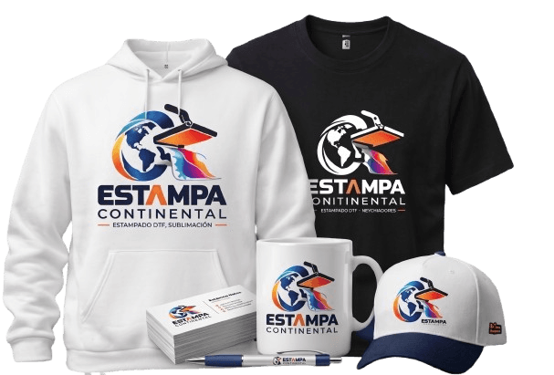 Buzo, camiseta, mug, gorra, tarjetas y lapicero estampados con el logo de Estampa Continental