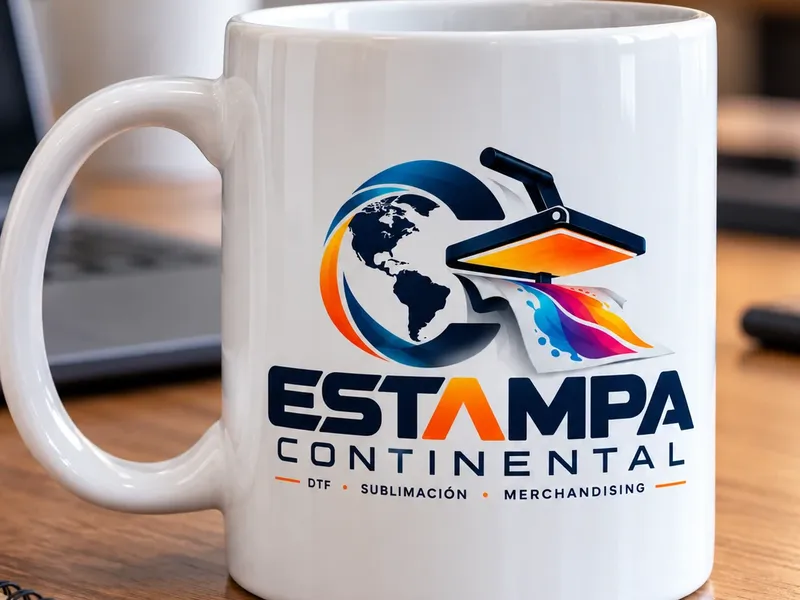 Taza personalizada con un logo a todo color sobre un escritorio