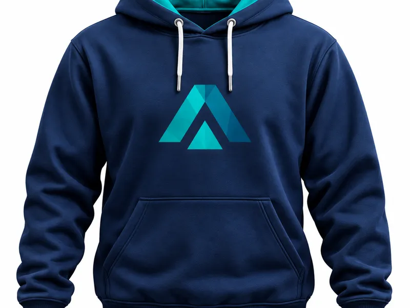 Buzo azul oscuro con capota y un logo estampado en el pecho