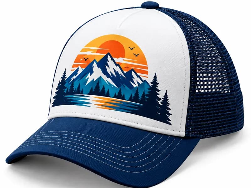 Gorra blanca y azul con un paisaje de montañas estampado en el frente
