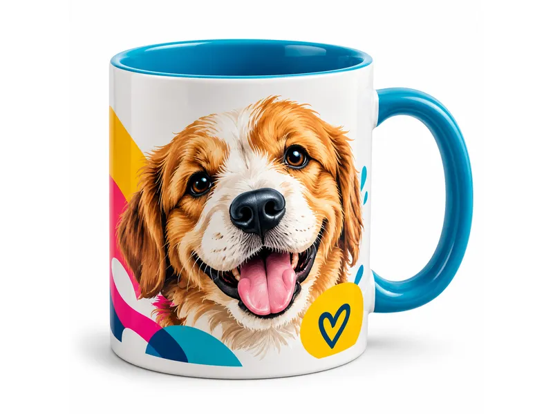 Mug blanco con asa azul sublimado con la ilustración de un perro